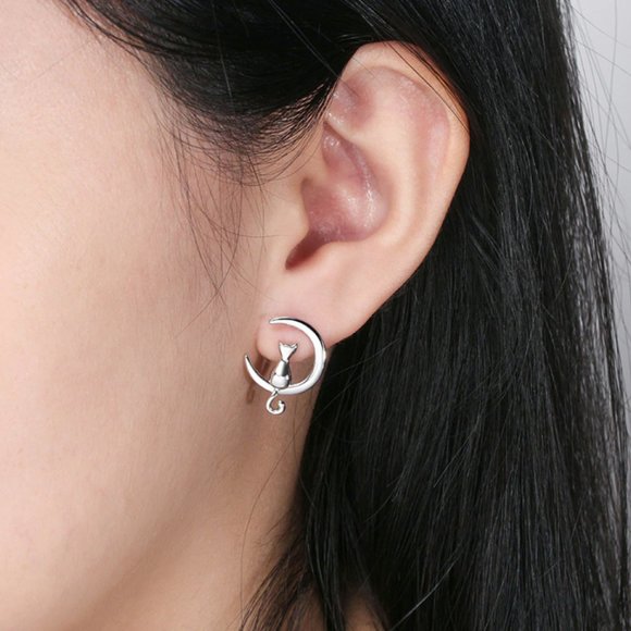 925 Silver Cat On The Moon Earrings - Picture 11 of 16